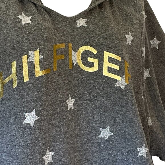 Tommy Hilfiger Sport Hoodie Oversize Grey has White Stars Gold Metallic Spellout - Picture 2 of 9
